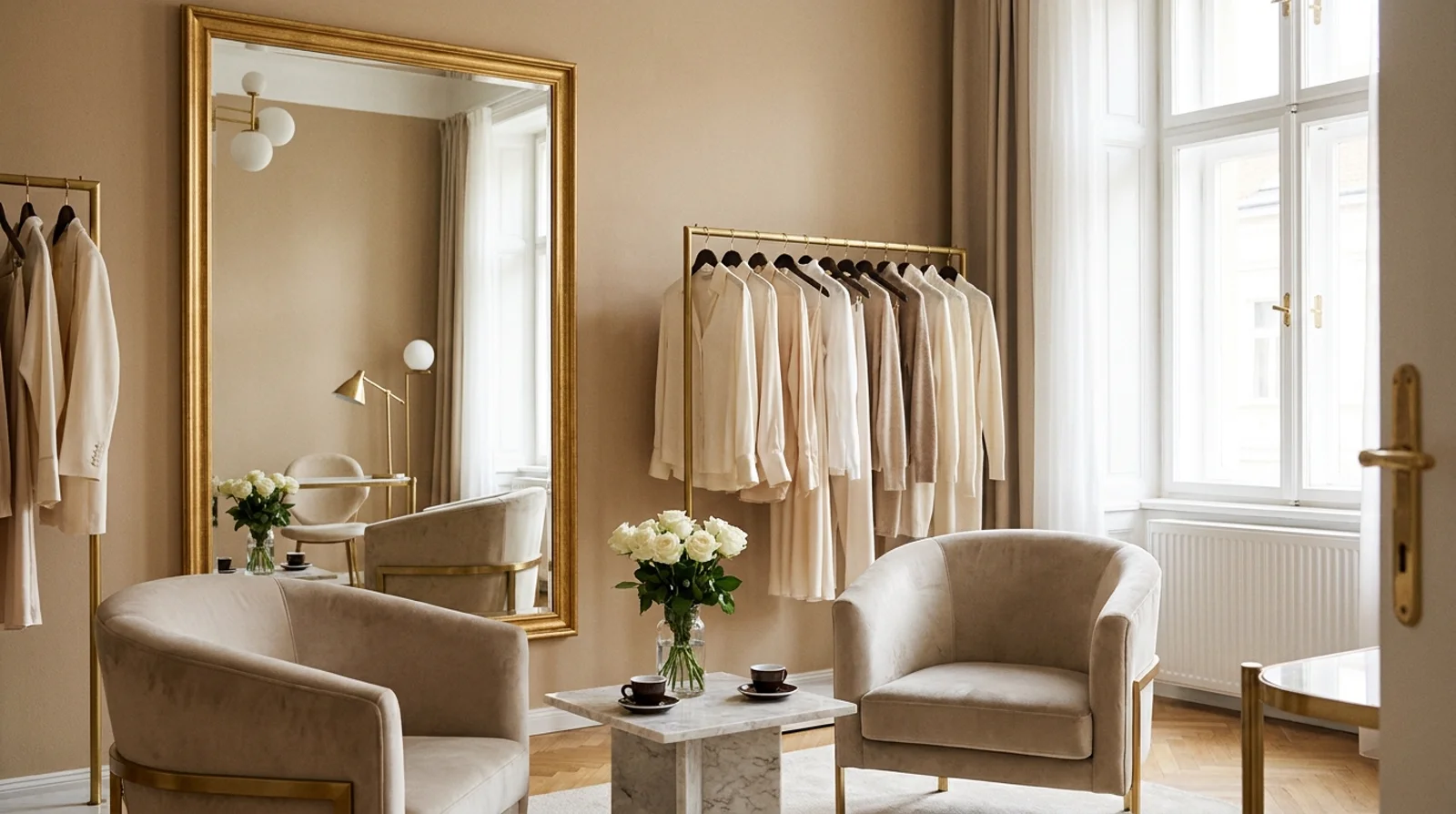 Soukromý styling atelier se zrcadlem a připravenými outfity