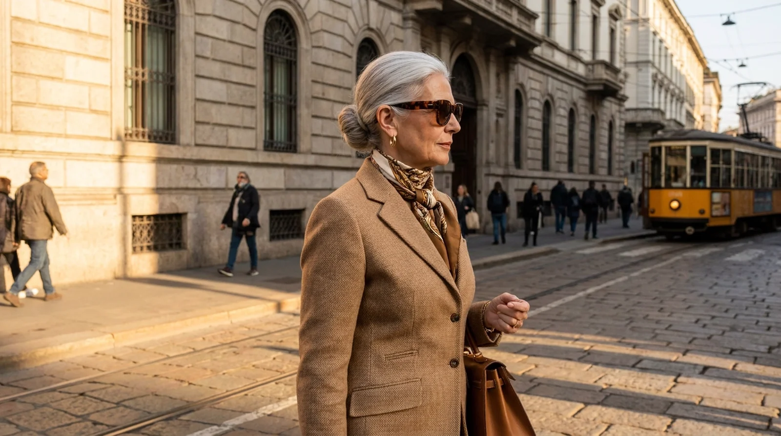 Elegantní zralá žena v tvídovém kostýmu na milánské ulici