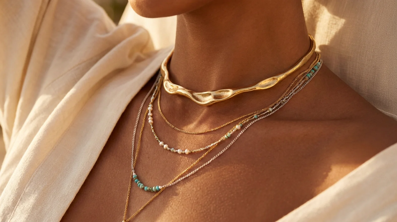 Sochařský zlatý choker a vrstvené řetízky na opálené pleti
